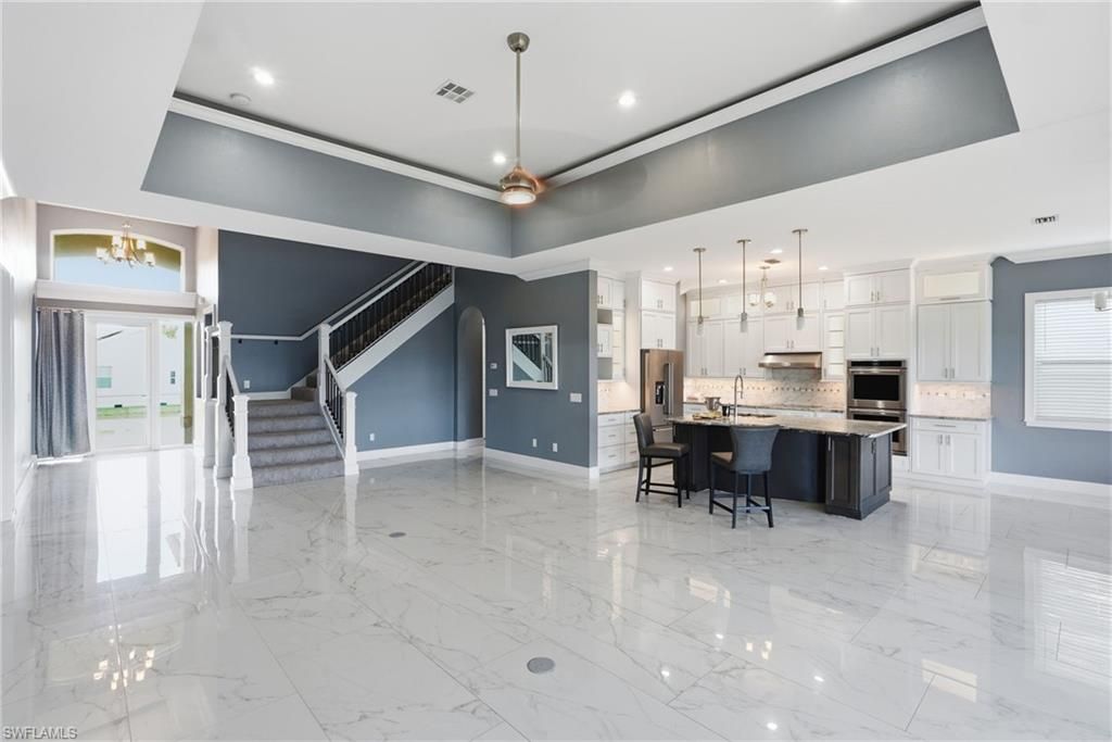 Interior, Kitchen, Marble, Pendant Lights, Recessed Lighting, Stainless Steel Appliances