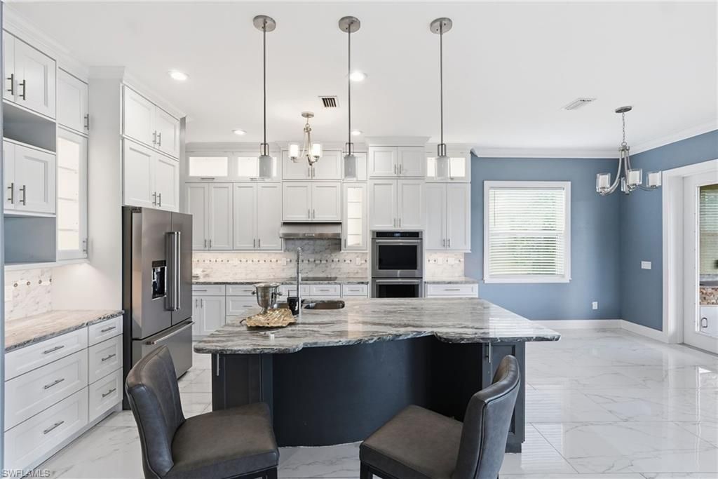 Interior, Kitchen, Marble, Pendant Lights, Recessed Lighting, Stainless Steel Appliances