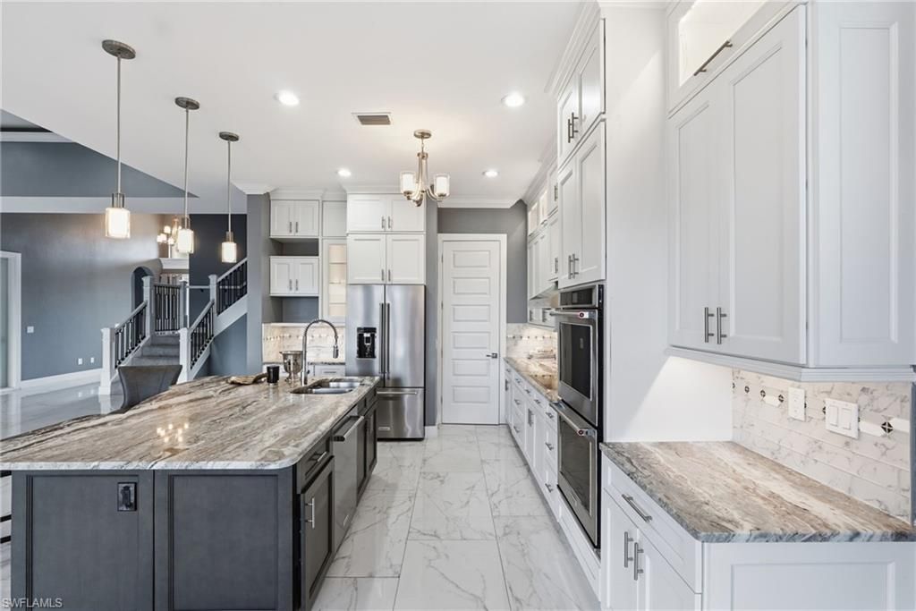 Interior, Kitchen, Marble, Pendant Lights, Recessed Lighting, Stainless Steel Appliances