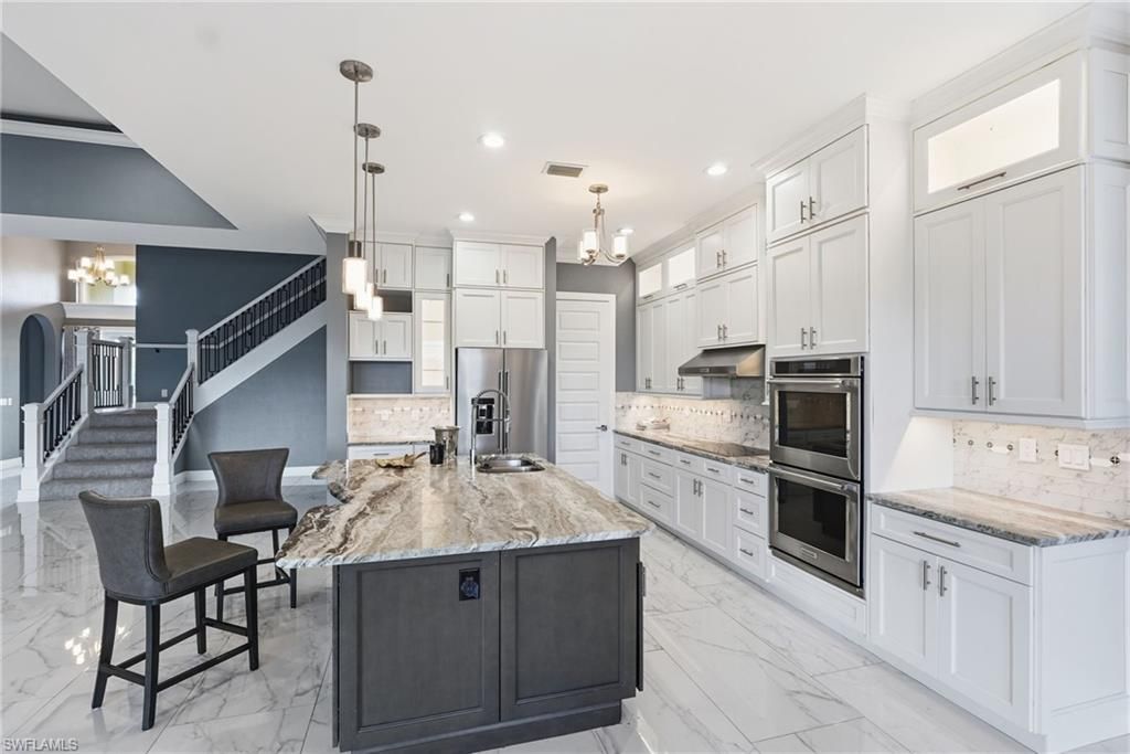 Interior, Kitchen, Marble, Pendant Lights, Recessed Lighting, Stainless Steel Appliances