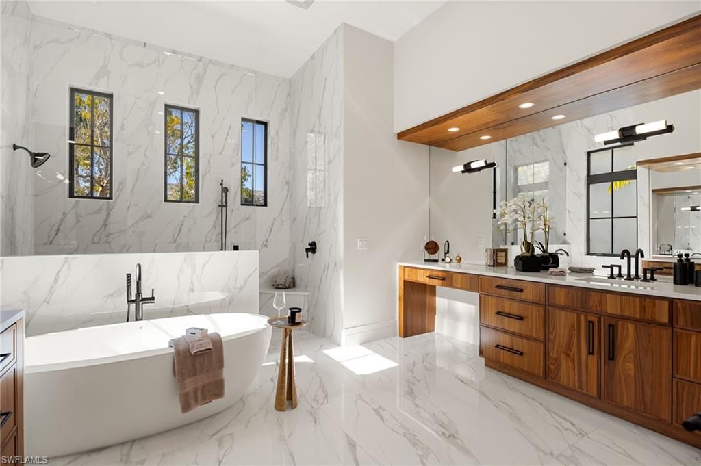 Bathroom, Dual Sink Vanities, Free Standing Baths, Interior, Marble, Marble Walls, Recessed Lighting