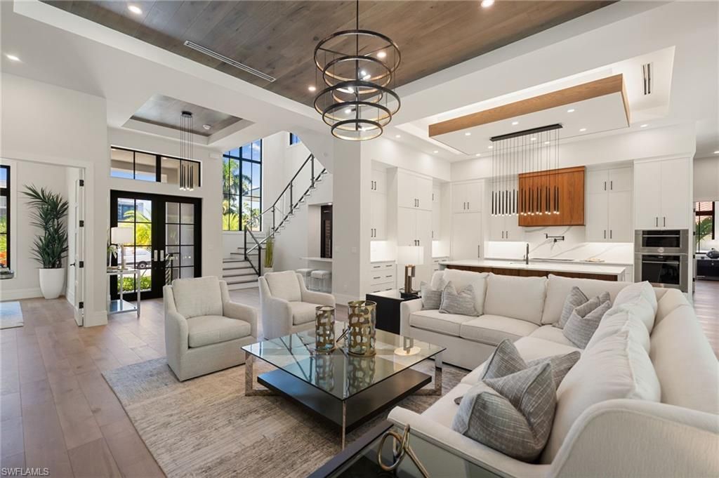 Interior, Kitchen, Living room, Pendant Lights, Recessed Lighting, Stainless Steel Appliances, Wooden Ceilings, Wood Texture Flooring