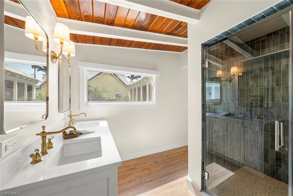 Bathroom, Glass Shower, Interior, Wooden Ceilings, Wood Texture Flooring