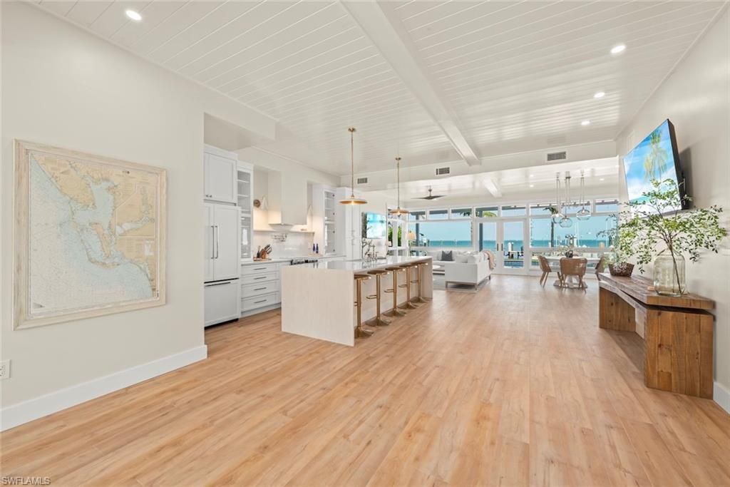 Dining room, Interior, Kitchen, Pendant Lights, Recessed Lighting, Water, Wood Texture Flooring