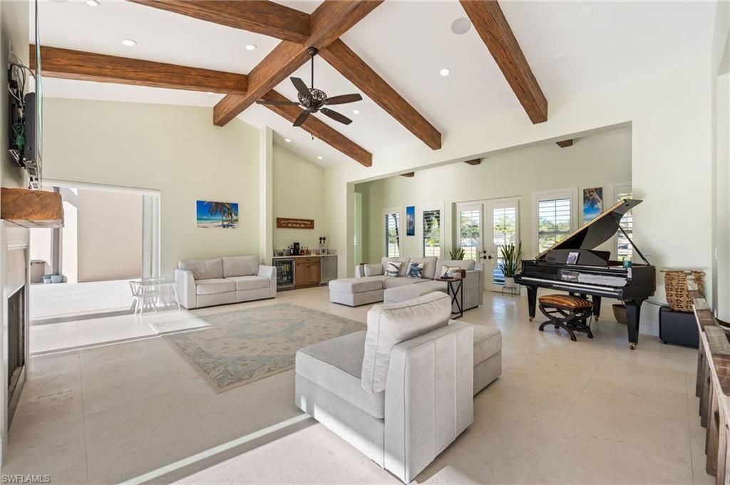 Interior, Living room, Piano, Recessed Lighting, Wooden Beams