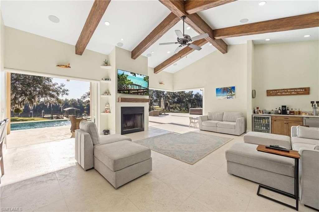 Fireplace, Interior, Living room, Recessed Lighting, Wooden Beams