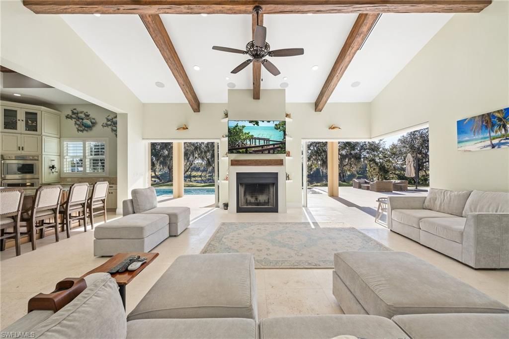 Fireplace, Interior, Living room, Recessed Lighting, Wooden Beams