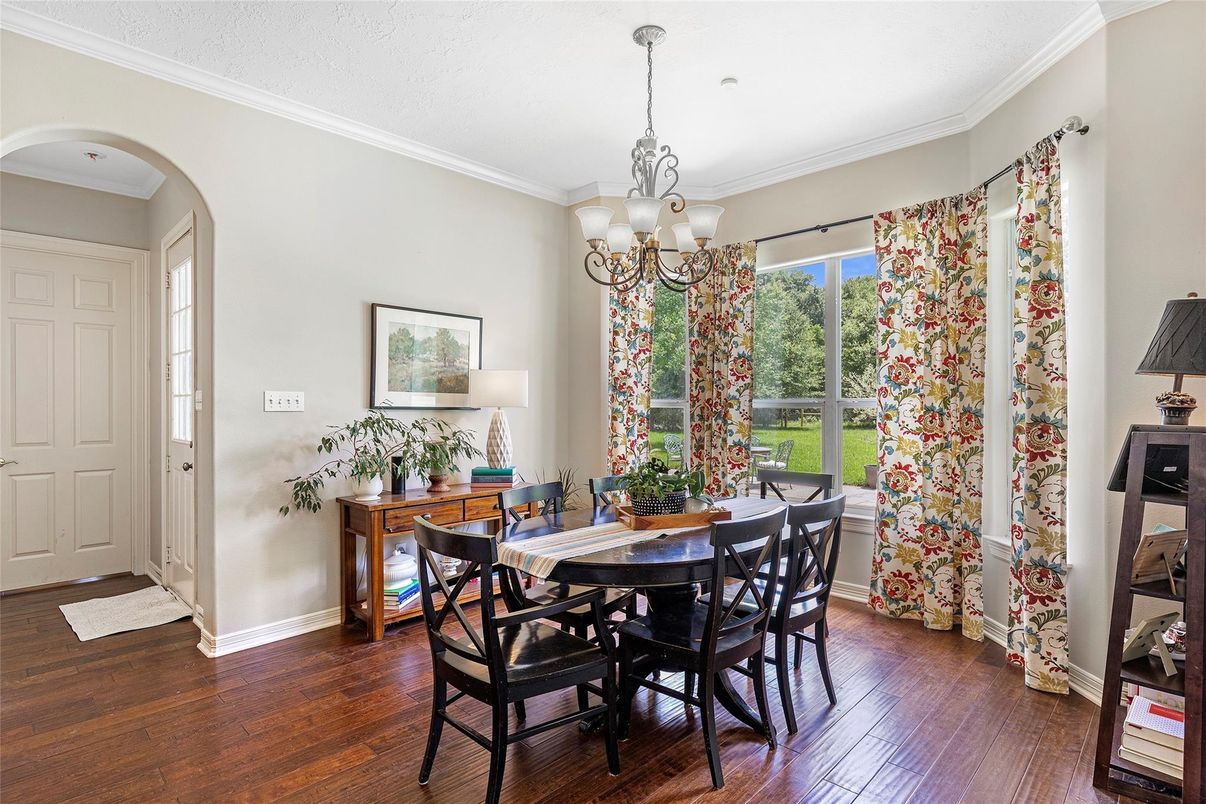 Chandelier, Dining room, Interior, Wood Texture Flooring