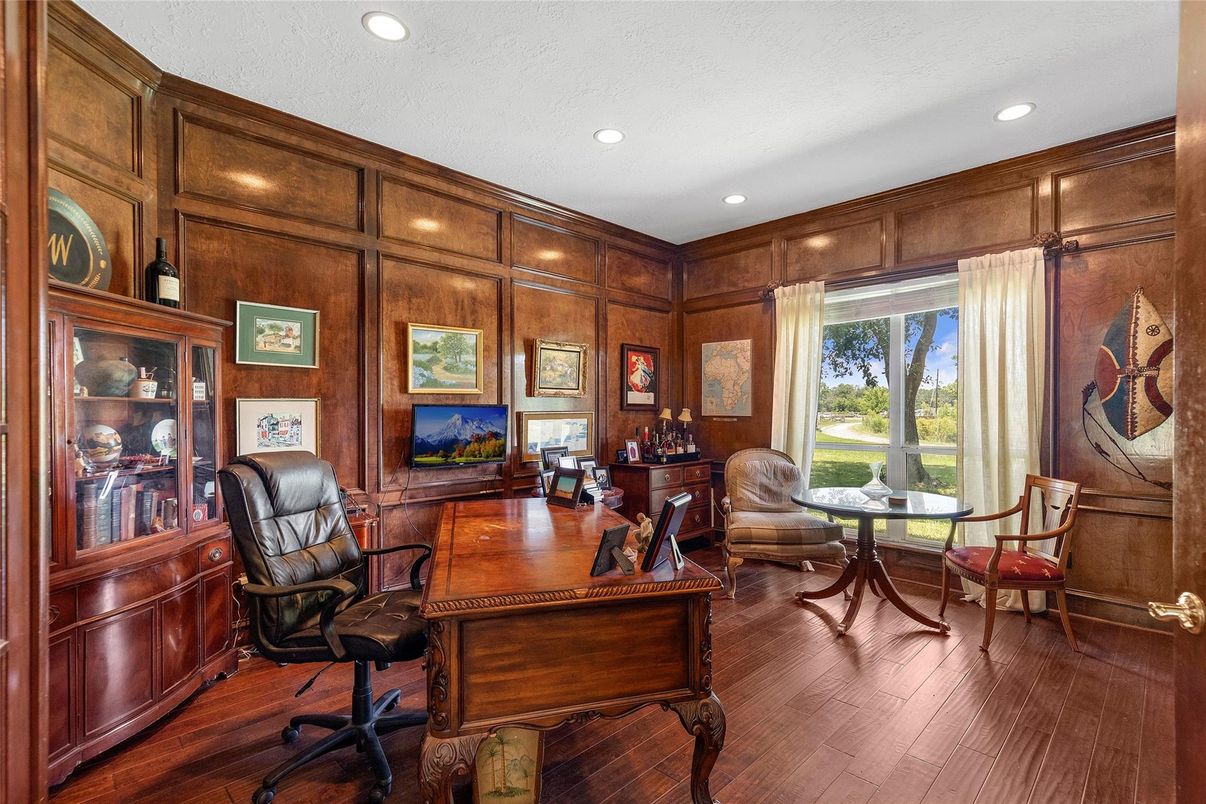 Home Office, Interior, Recessed Lighting, Wood Texture Flooring, Wooden Walls