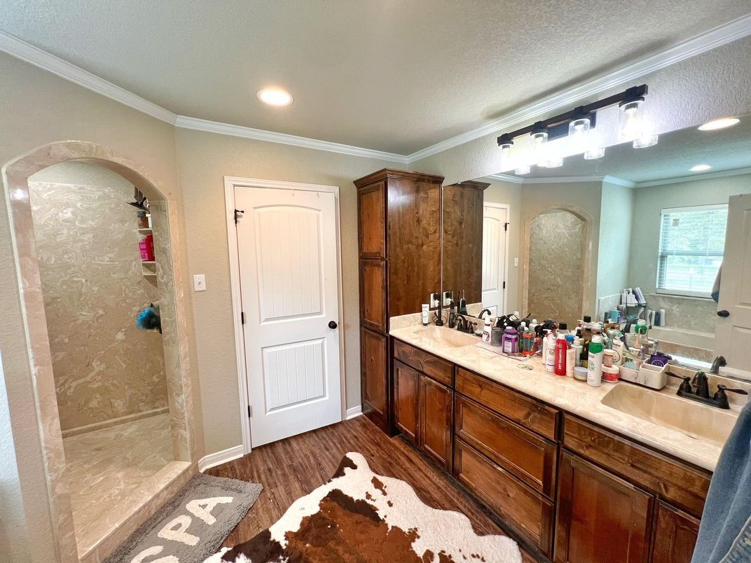 Bathroom, Dual Sink Vanities, Interior, Recessed Lighting, Wood Texture Flooring