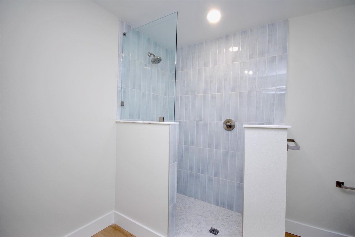 Bathroom, Glass Shower, Interior, Recessed Lighting, Wood Texture Flooring