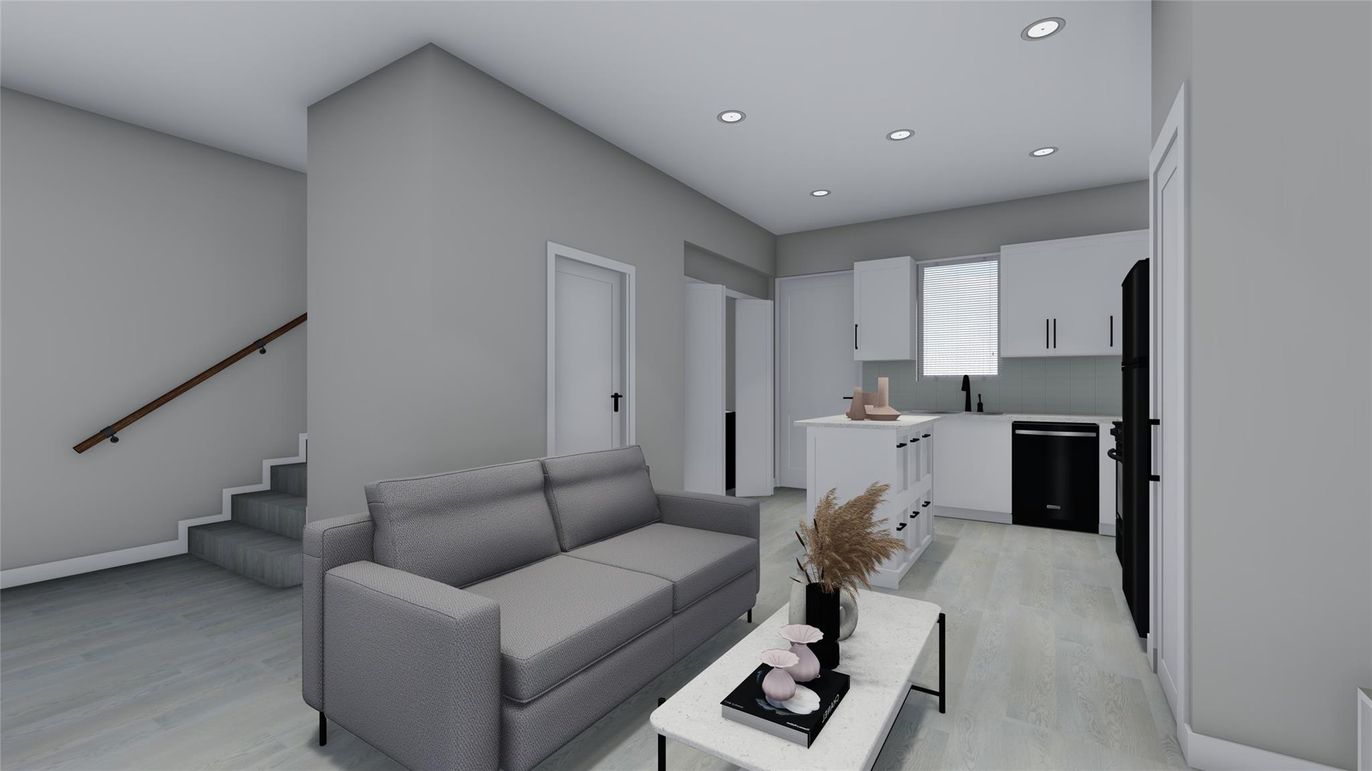 Interior, Kitchen, Living room, Recessed Lighting, Wood Texture Flooring