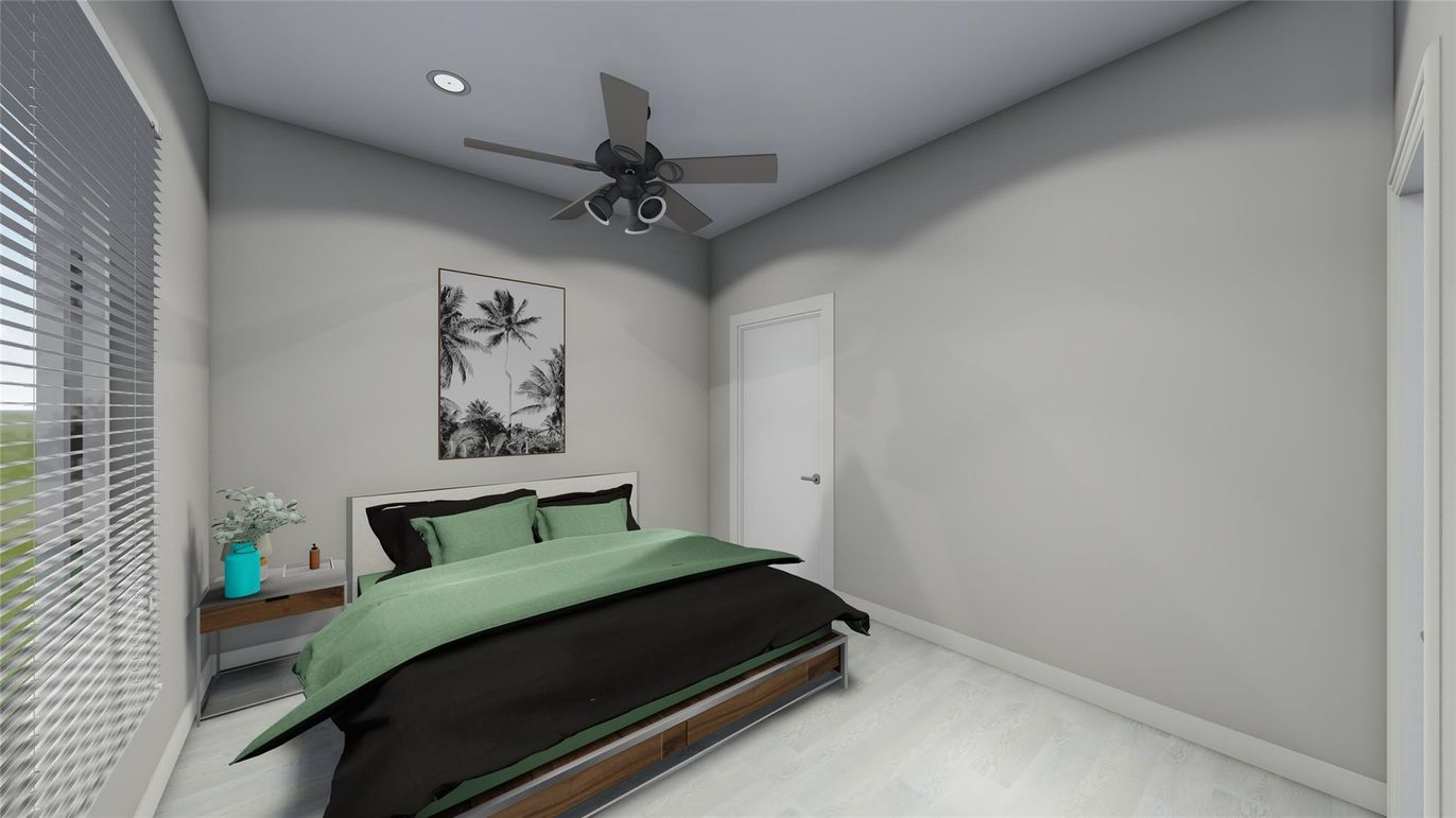 Bedroom, Interior, Recessed Lighting, Wood Texture Flooring