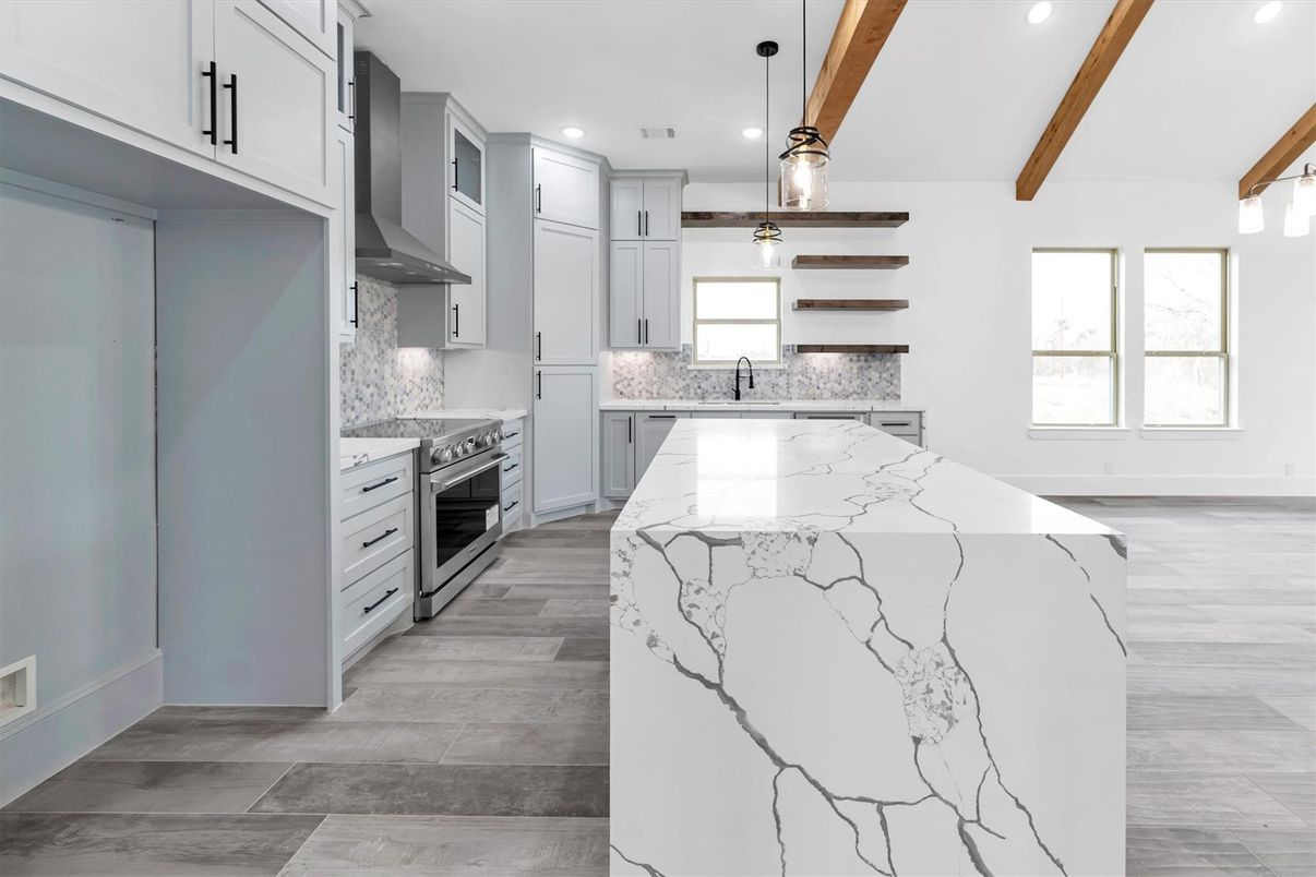 Interior, Kitchen, Pendant Lights, Recessed Lighting, Wooden Beams, Wood Texture Flooring