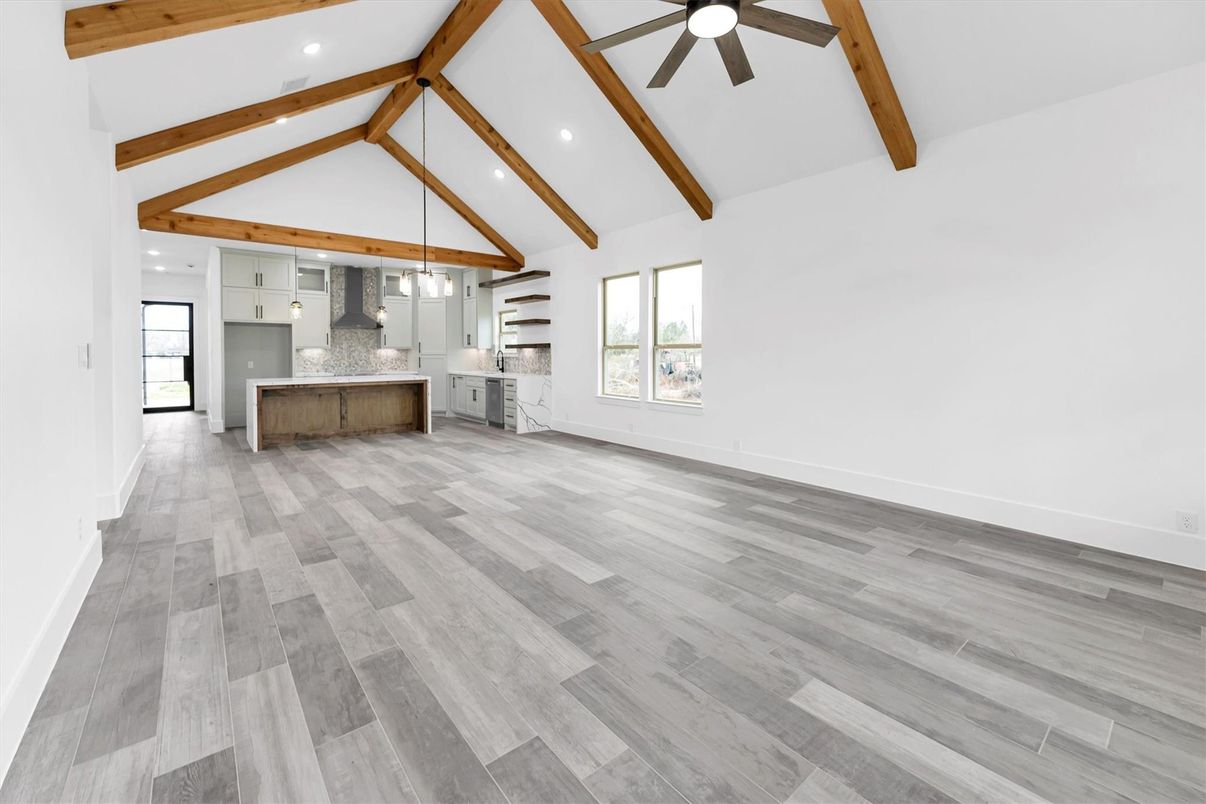 Empty room, Interior, Kitchen, Pendant Lights, Recessed Lighting, Wooden Beams, Wood Texture Flooring