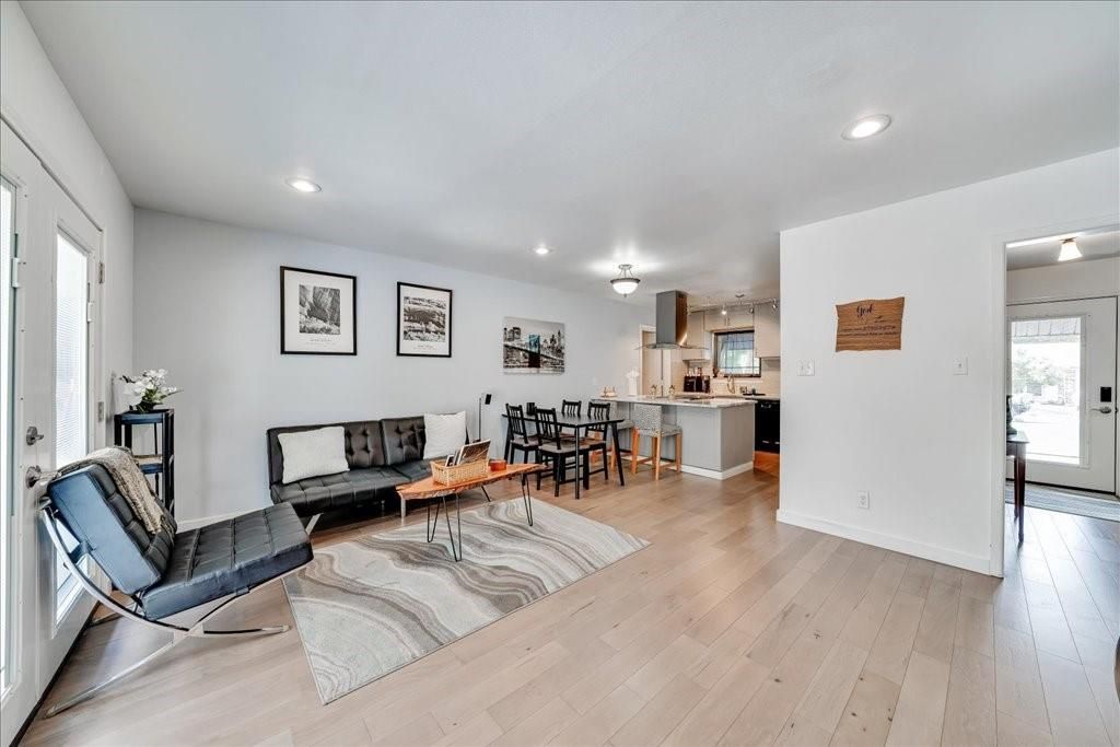 Dining room, Interior, Kitchen, Living room, Recessed Lighting, Wood Texture Flooring