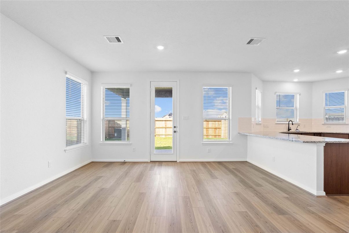 Empty room, Interior, Kitchen, Recessed Lighting, Wood Texture Flooring