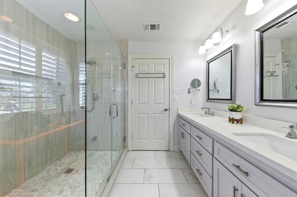 Bathroom, Dual Sink Vanities, Glass Shower, Interior, Marble, Recessed Lighting
