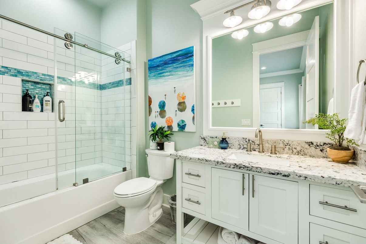 Bathroom, Glass Shower, Interior, Recessed Lighting, Wood Texture Flooring