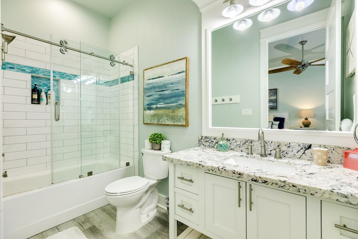 Bathroom, Glass Shower, Interior, Wood Texture Flooring