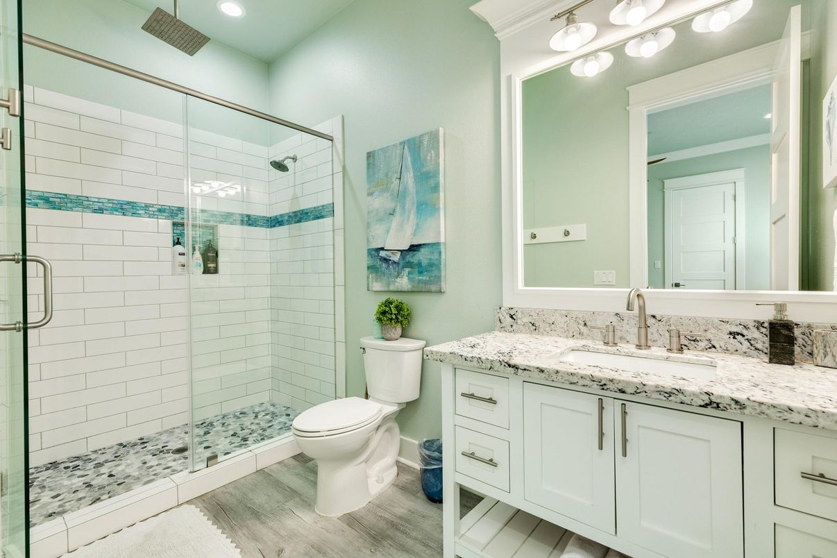 Bathroom, Glass Shower, Interior, Recessed Lighting, Wood Texture Flooring