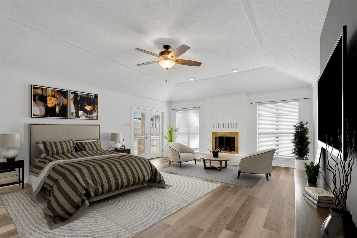 Bedroom, Fireplace, Interior, Recessed Lighting, Wood Texture Flooring