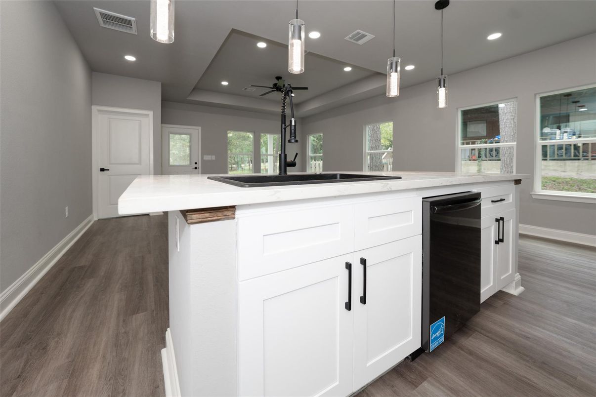 Interior, Kitchen, Pendant Lights, Recessed Lighting, Wood Texture Flooring