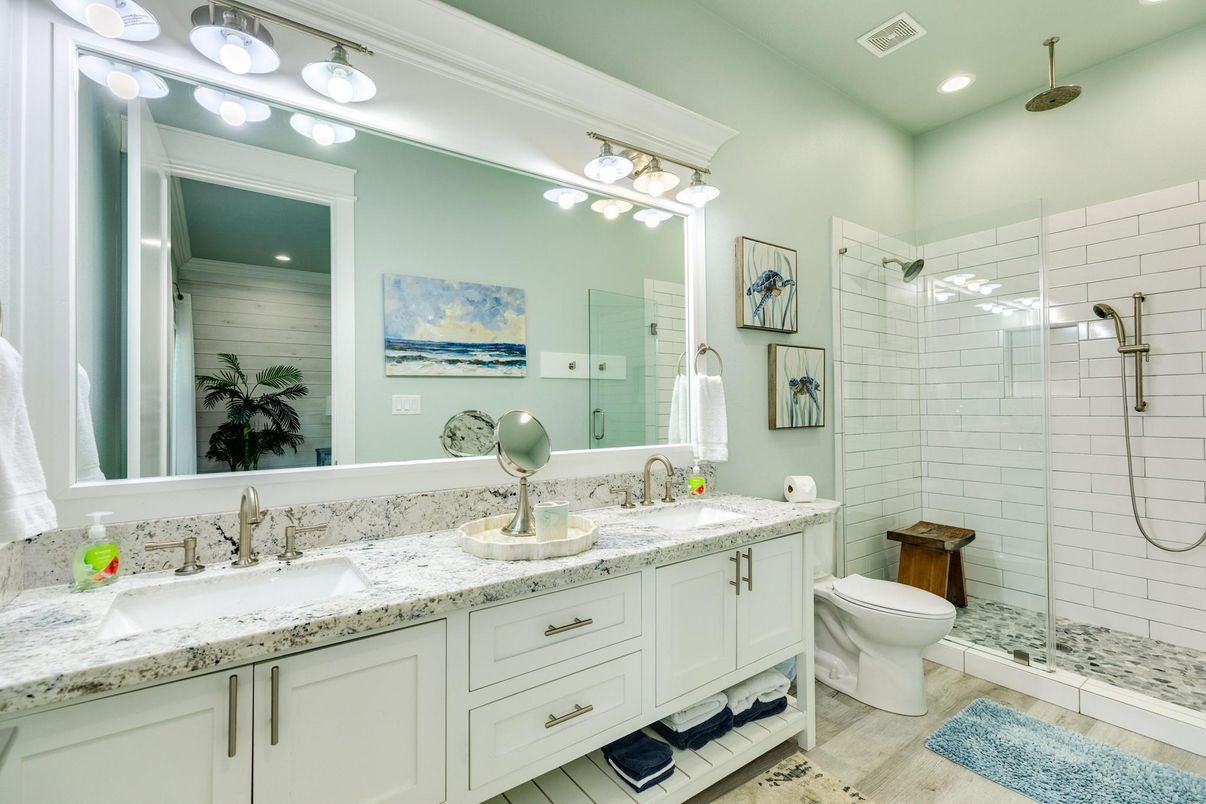 Bathroom, Dual Sink Vanities, Glass Shower, Interior, Recessed Lighting
