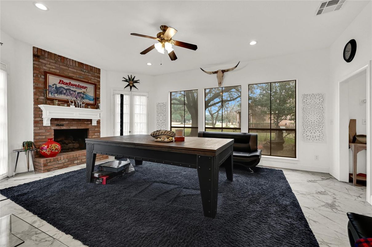 Fireplace, Home Office, Interior, Marble, Recessed Lighting, Stone Walls, Wooden Walls