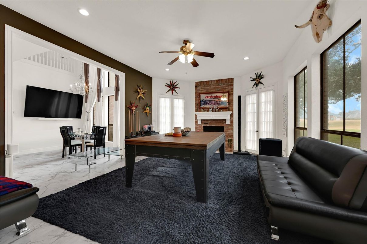 Billiard Table, Chandelier, Fireplace, Game Room, Home Office, Interior, Marble, Recessed Lighting