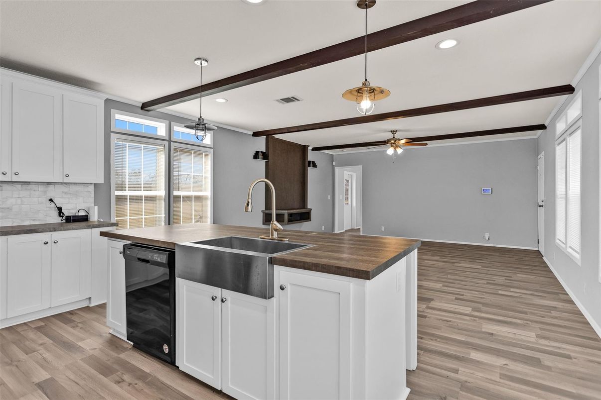 Interior, Kitchen, Pendant Lights, Recessed Lighting, Wooden Beams, Wood Texture Flooring