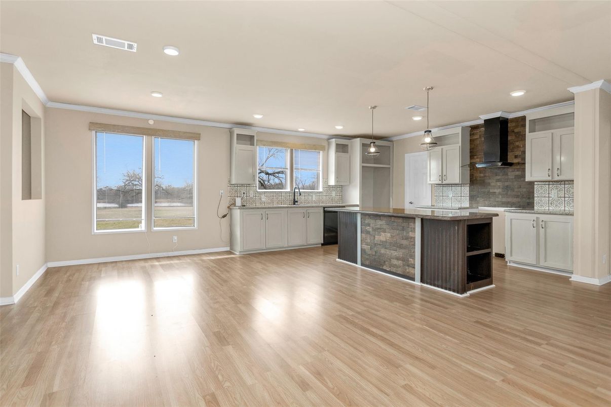 Empty room, Interior, Kitchen, Pendant Lights, Recessed Lighting, Wood Texture Flooring