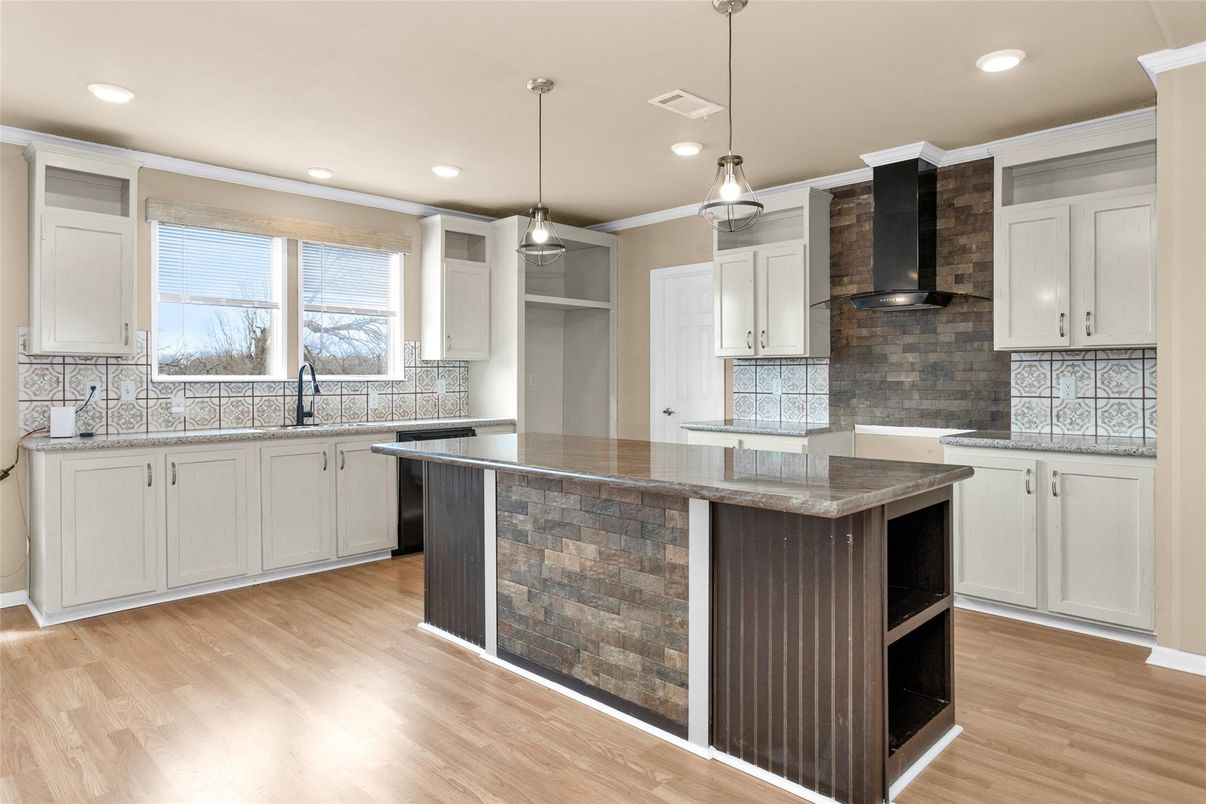 Interior, Kitchen, Pendant Lights, Recessed Lighting, Stone Walls, Wood Texture Flooring