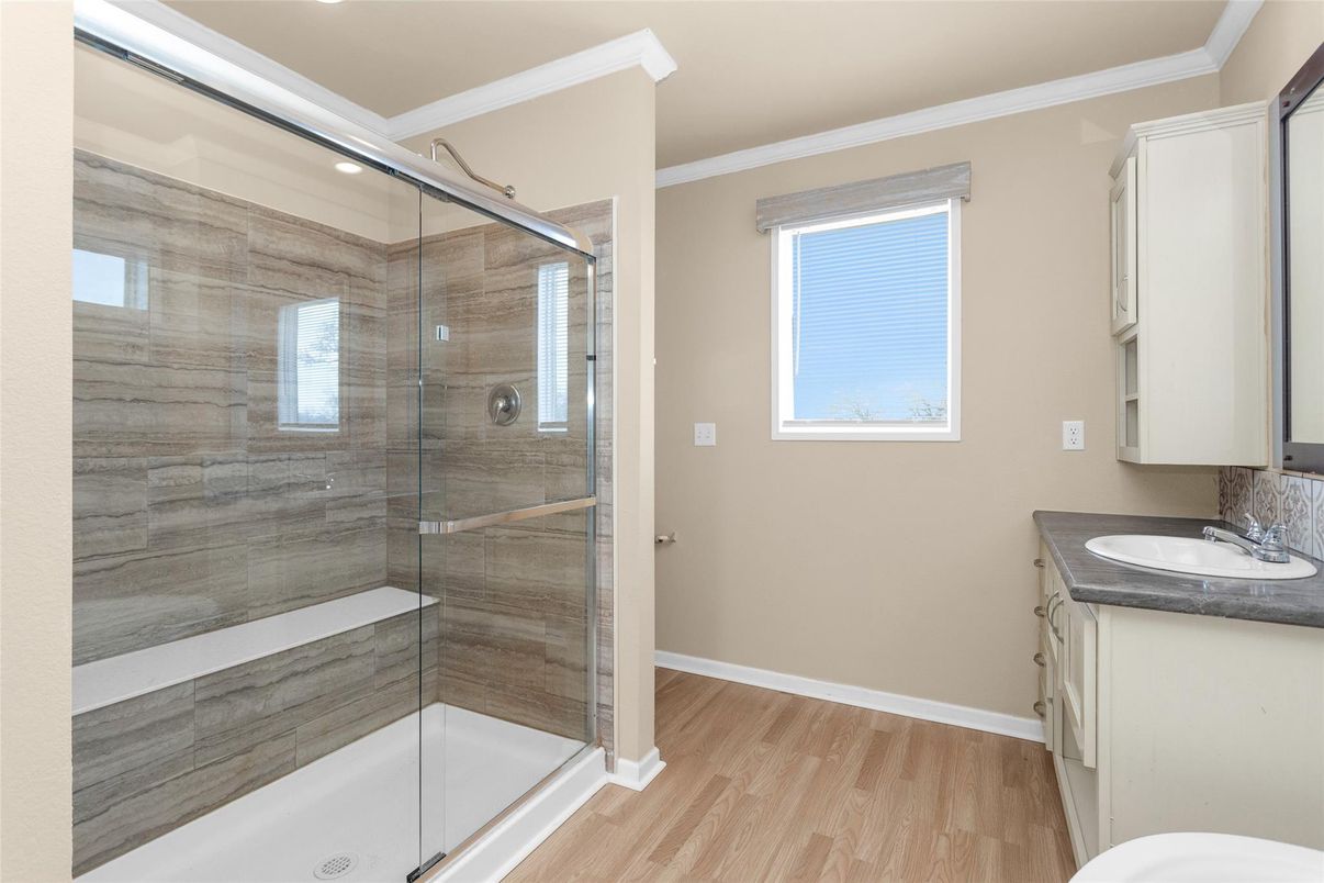 Bathroom, Glass Shower, Interior, Wood Texture Flooring