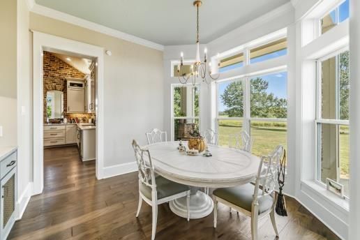 Chandelier, Dining room, Interior, Pendant Lights, Stone Walls, Wood Texture Flooring