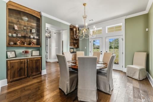 Chandelier, Dining room, Interior, Pendant Lights, Wood Texture Flooring
