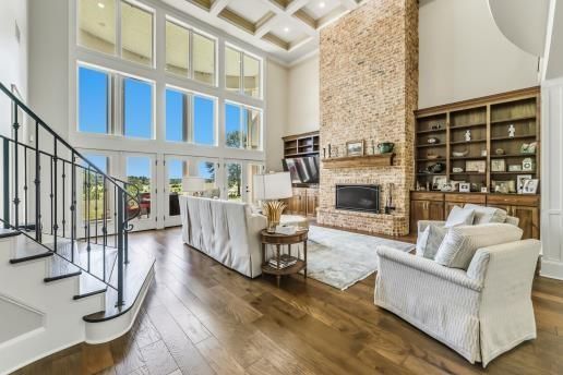 Fireplace, Interior, Living room, Recessed Lighting, Stone Walls, Wood Texture Flooring