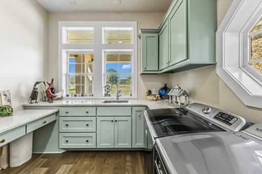 Interior, Kitchen, Recessed Lighting, Washer, Wood Texture Flooring