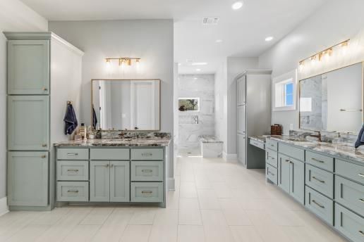Bathroom, Dual Sink Vanities, Interior, Marble Walls, Recessed Lighting