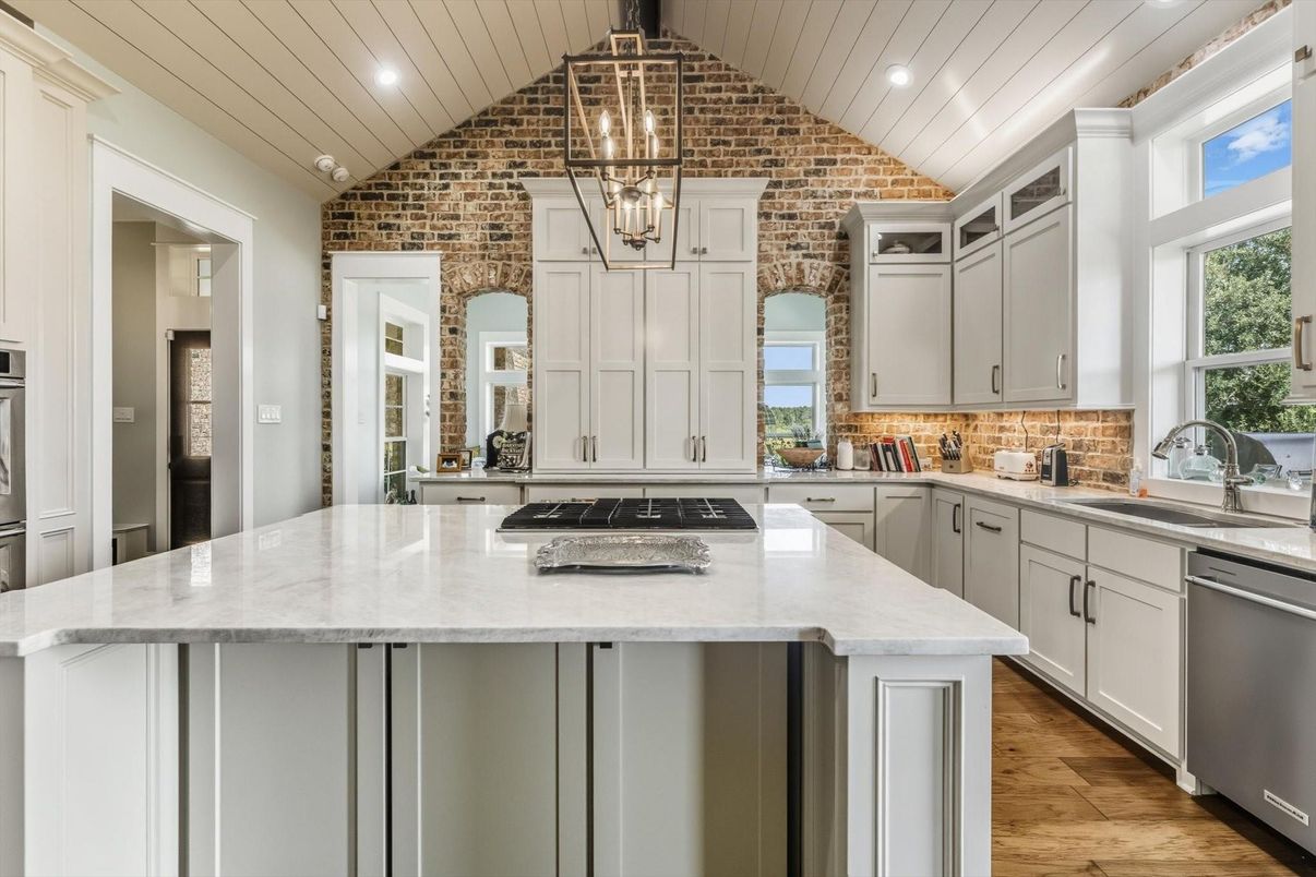 Interior, Kitchen, Pendant Lights, Recessed Lighting, Stone Walls, Wood Texture Flooring