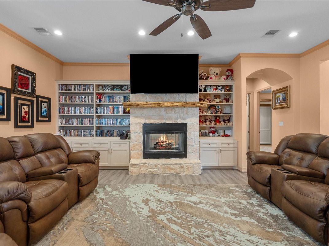 Fireplace, Interior, Living room, Recessed Lighting, Wood Texture Flooring