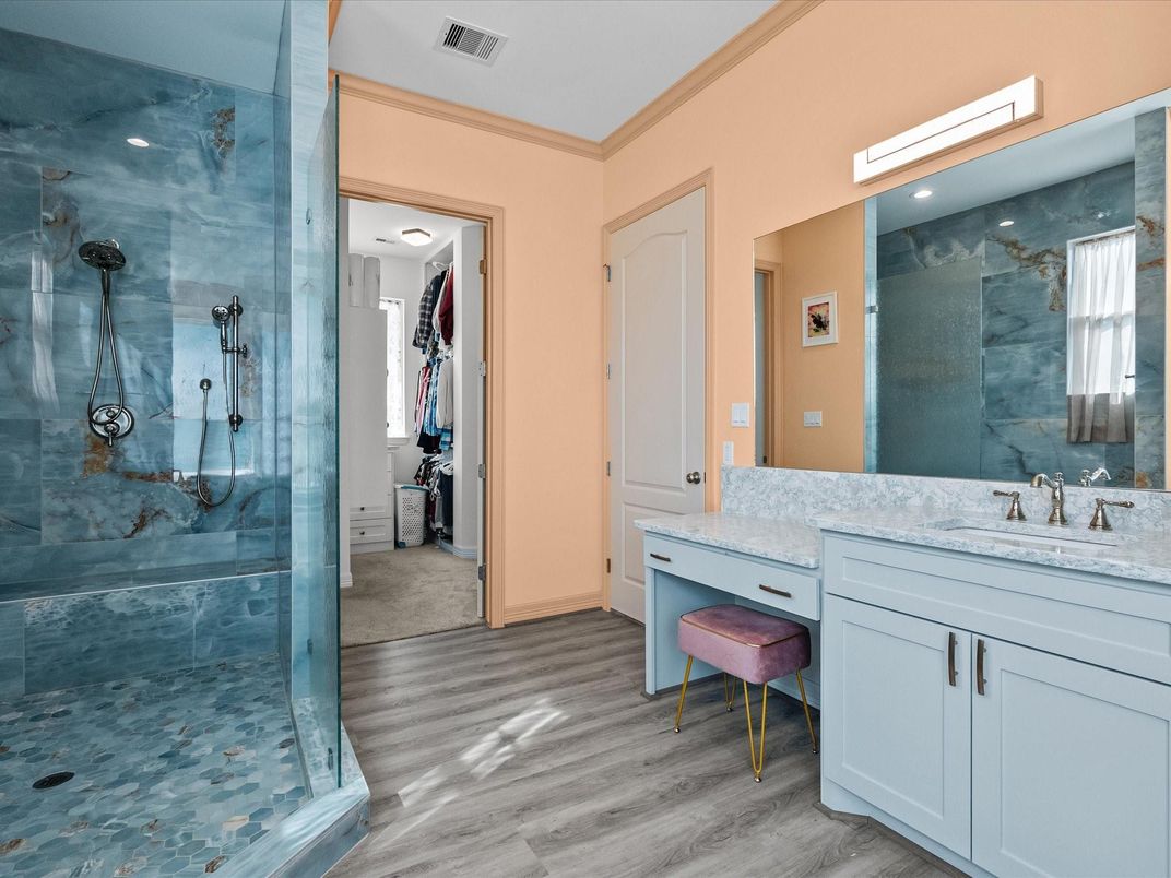 Bathroom, Glass Shower, Interior, Wood Texture Flooring