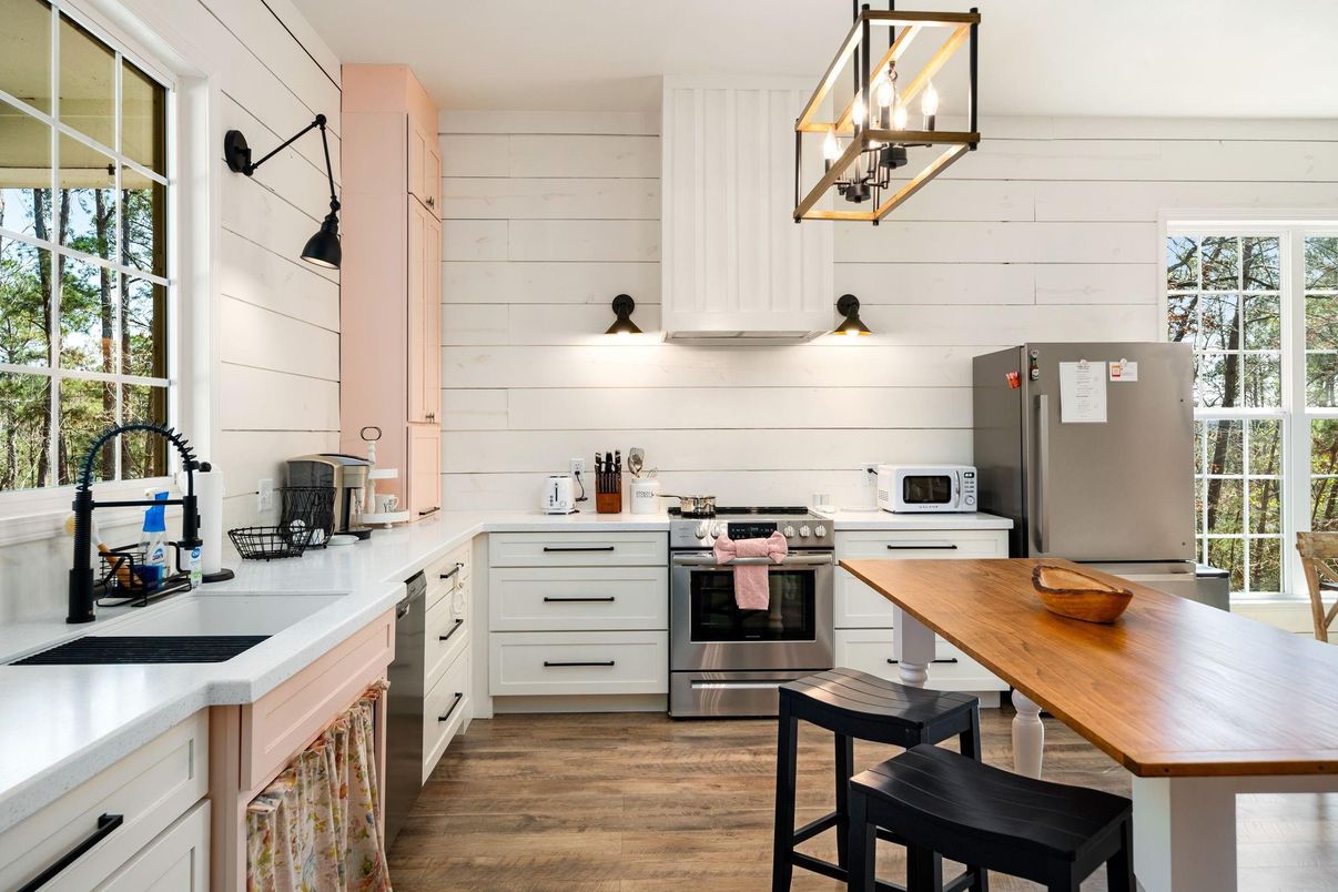 Interior, Kitchen, Pendant Lights, Stainless Steel Appliances, Wood Texture Flooring