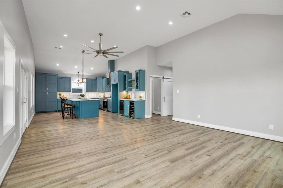 Interior, Kitchen, Pendant Lights, Recessed Lighting, Wood Texture Flooring