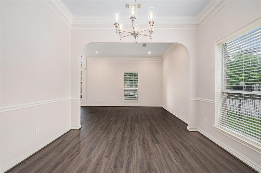 Chandelier, Empty room, Interior, Recessed Lighting, Wood Texture Flooring