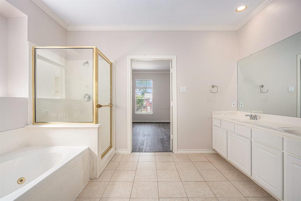 Bathroom, Dual Sink Vanities, Interior, Recessed Lighting, Wood Texture Flooring