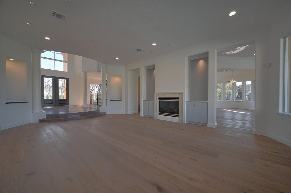 Empty room, Fireplace, Interior, Recessed Lighting, Wood Texture Flooring