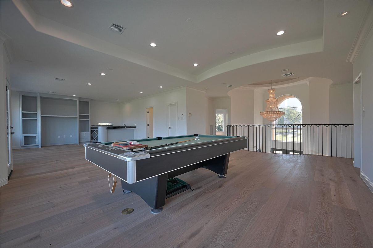 Billiard Table, Chandelier, Game Room, Interior, Recessed Lighting, Wood Texture Flooring