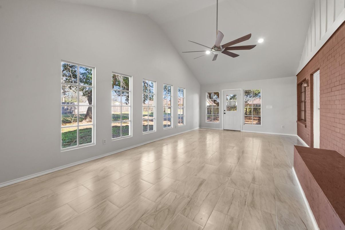Empty room, Interior, Recessed Lighting, Stone Walls, Wood Texture Flooring