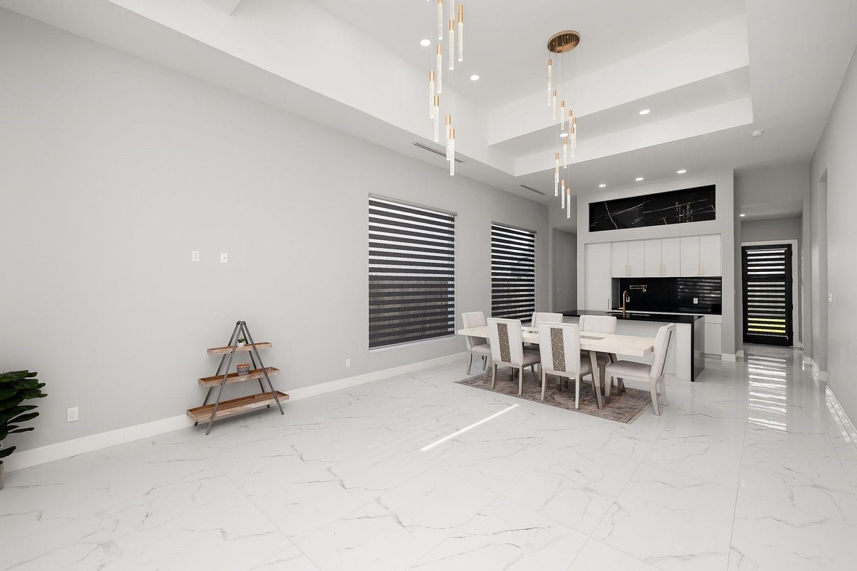 Dining room, Fireplace, Interior, Marble, Pendant Lights, Recessed Lighting